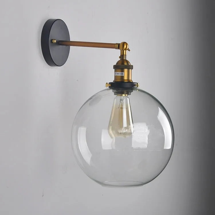 20cm round ball glass wall lamp with aluminium holder in amber, smoky grey or transparent