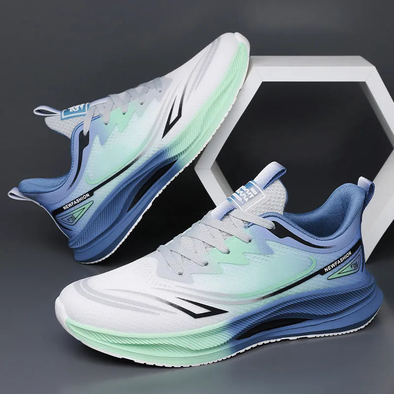 Men's casual mesh shoes in black, blue, and green colour options with round toe and rubber sole