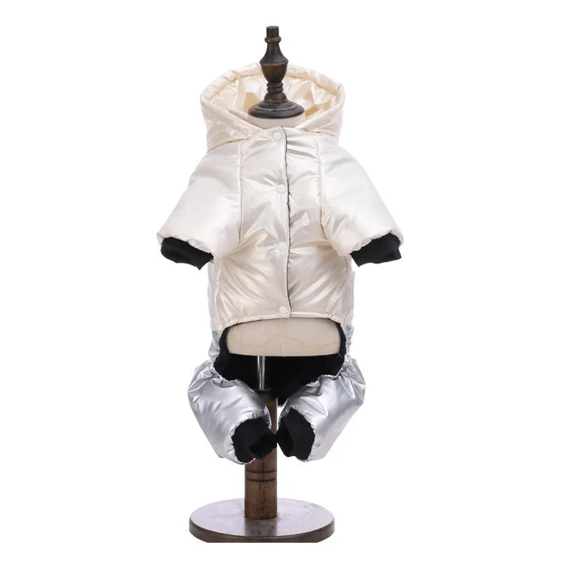 Green waterproof cotton-padded dog coat with four-legged design shown on medium-sized dog