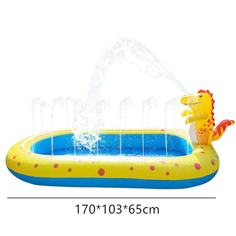 Blue dinosaur-themed water spray pool with shark toy measuring 170cm long for garden play