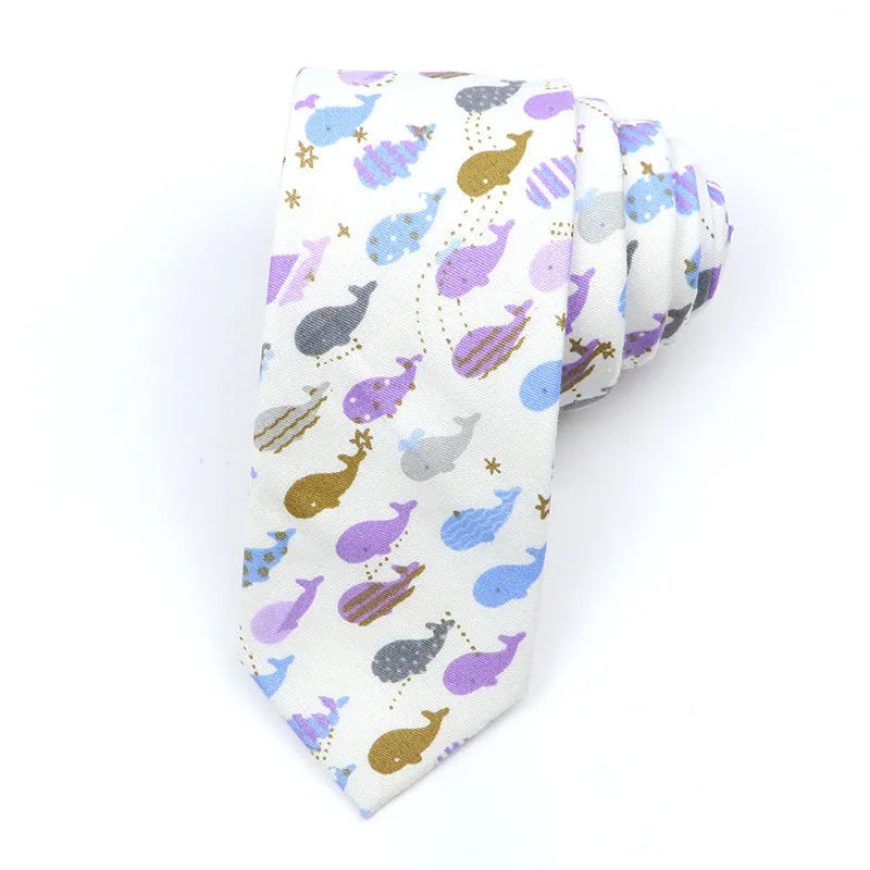 Narrow cotton bow tie with a printed cartoon pattern in a selection of colours.