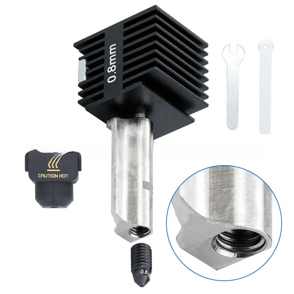 Bambu Lab A1 Mini 3D printer hot end assembly with hardened steel nozzle and black silicone sleeve