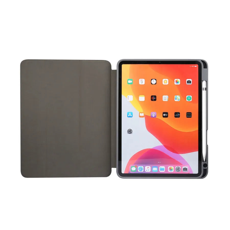 Tri-fold imitation leather iPad case with marbling pattern and integrated Apple Pencil slot.