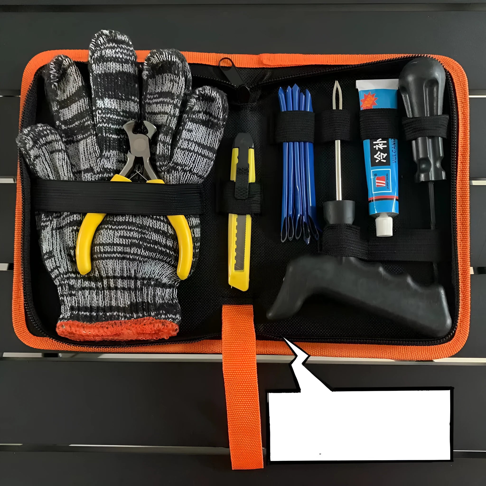 Motorcycle travel tire repair kit including rubber strips, glue, spiral cone, and air hose for vacuum tyre puncture repair up to 6mm