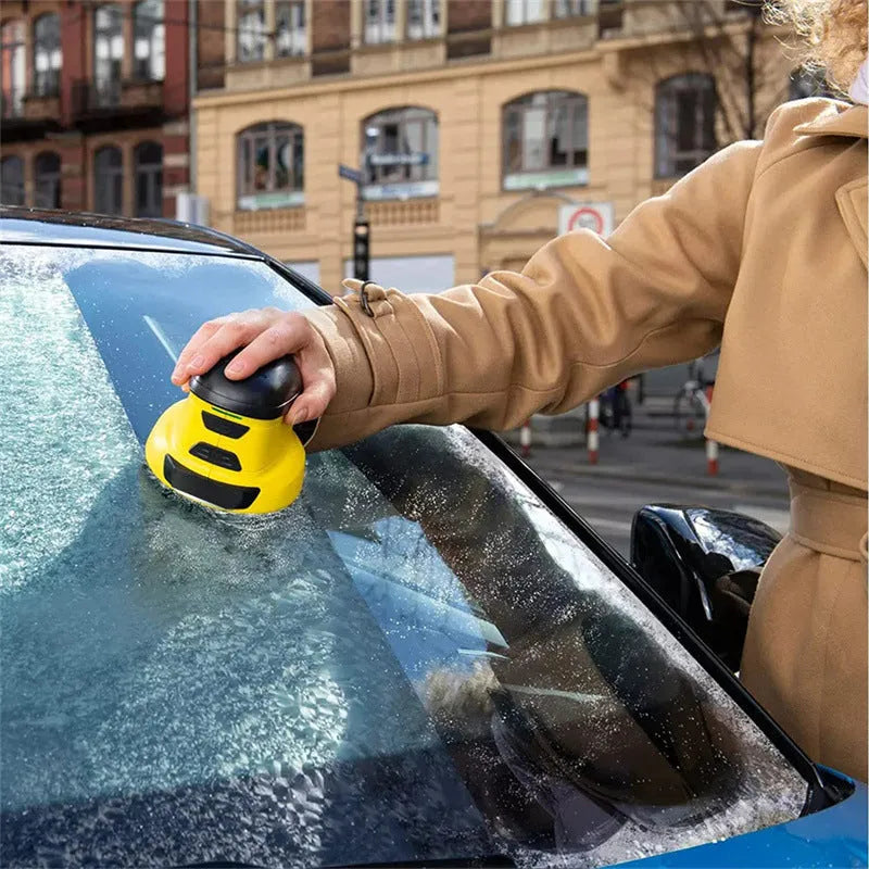 Yellow cordless electric ice scraper for car windshields with USB charging cable