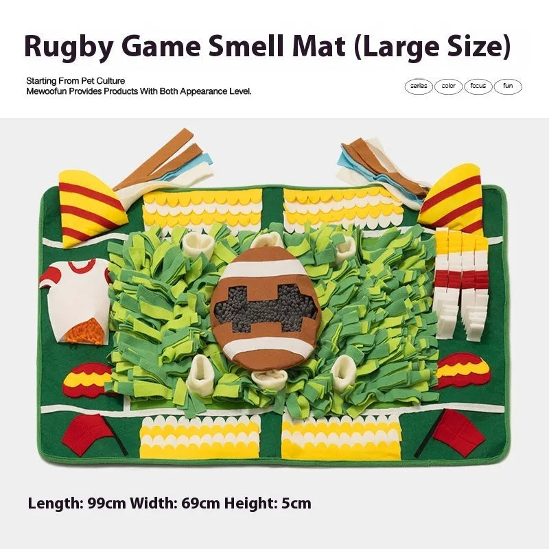 Fabric dog sniffing mat with printed garden camping theme pattern for hiding treats.