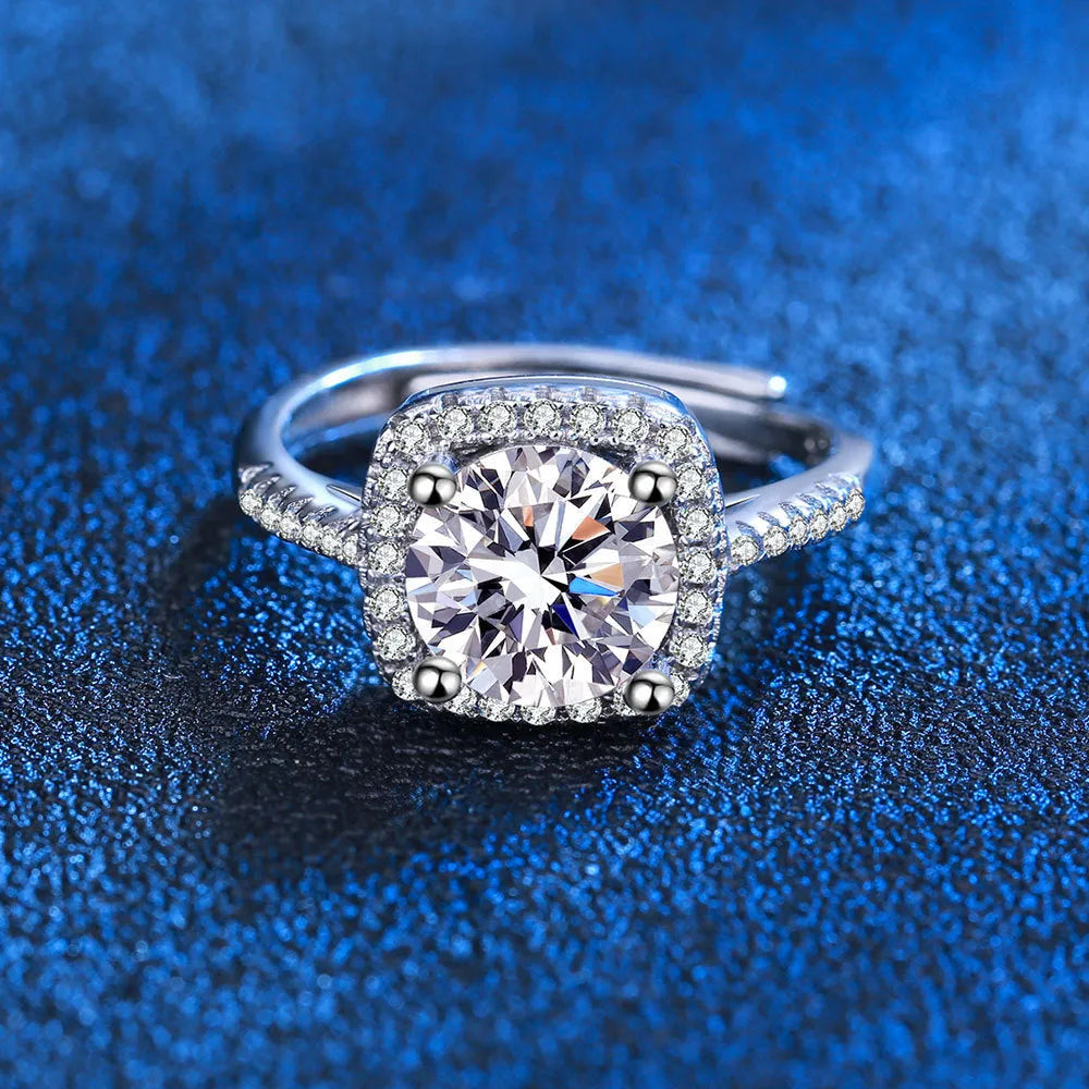 Silver adjustable moissanite ring with four-claw micro-inlaid square bag setting, geometric shape, women's ring