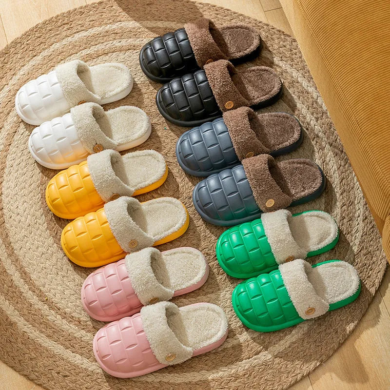 Women's EVA detachable slippers with plush lining in pink, green, yellow, white, grey, or black.