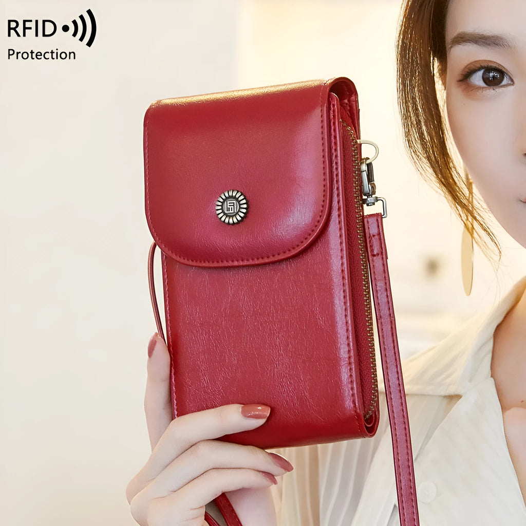 Anti-magnetic phone bag retro wax leather crossbody case with card slot in black