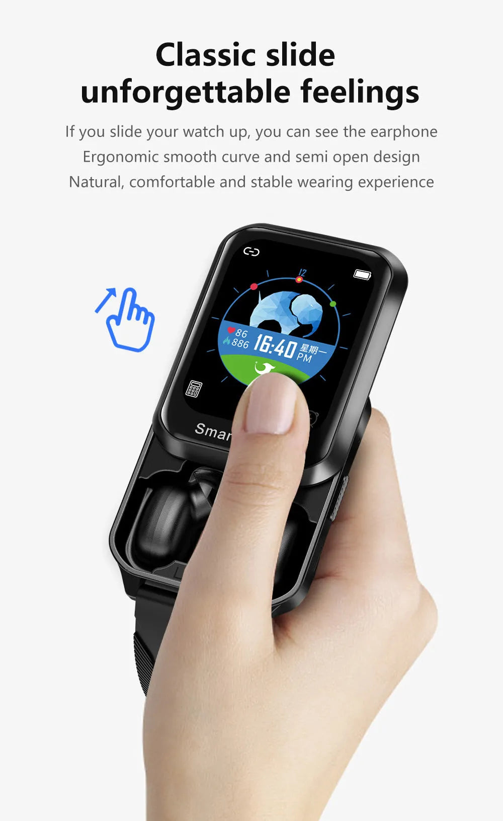 A black smart bracelet with a colour touchscreen displaying a split-screen interface, on a silicone wrist strap.