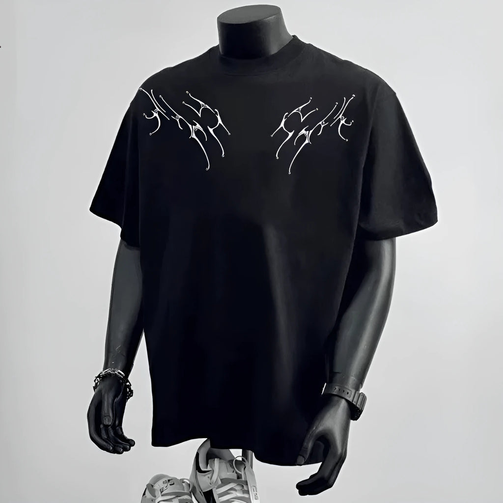Men's loose fit pure cotton short sleeve T-shirt in black or white with printed design