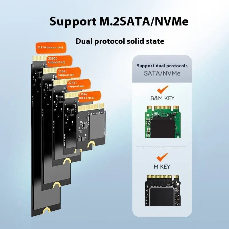 Black external hard disk enclosure for M.2 NVME SSDs with Type-C port