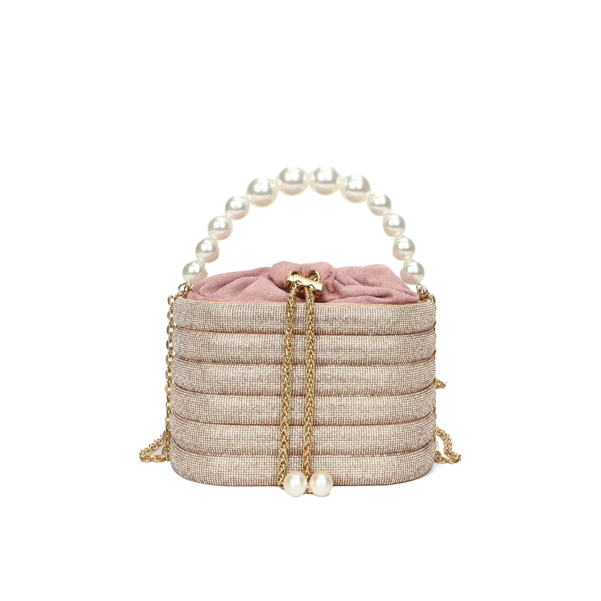 Retro style women's crossbody handbag with pearl beads in soft PU leather, shown in round shape.