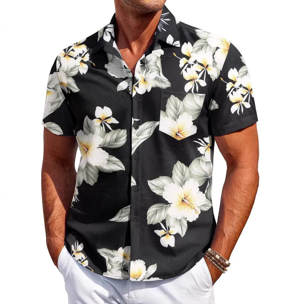 Men's slim fit Hawaiian short sleeve shirt in elastic polyester fabric.