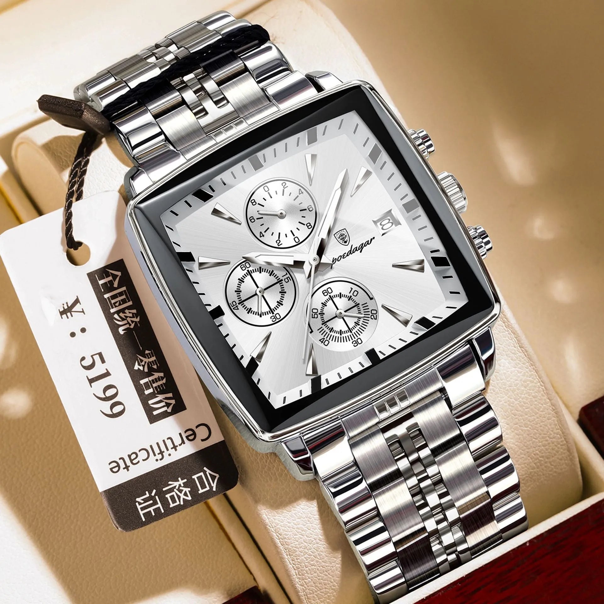 Square men's business watch with stainless steel strap and mineral glass face
