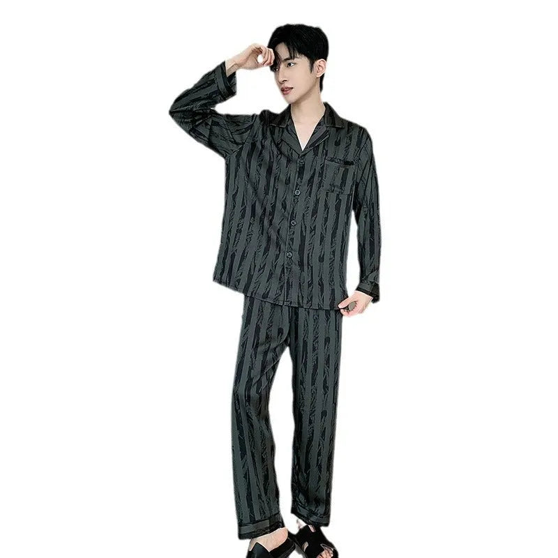 Men's black striped Ice silk long sleeve V-neck pajama set with trousers.