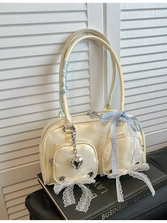 Soft PU shoulder bag in beige with cross-body strap and mobile phone pocket