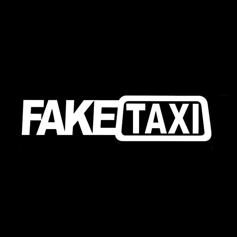FAKE TAXI car warning sticker in yellow, black and white colour options measuring 20 by 8 centimetres