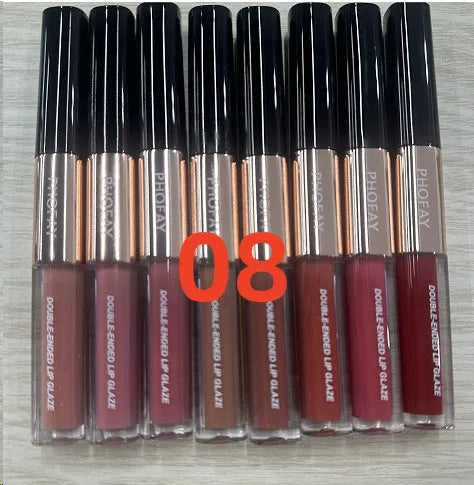 C-L021 double-head non-stick cup lip gloss showing two applicators and eight transparent colour shades.