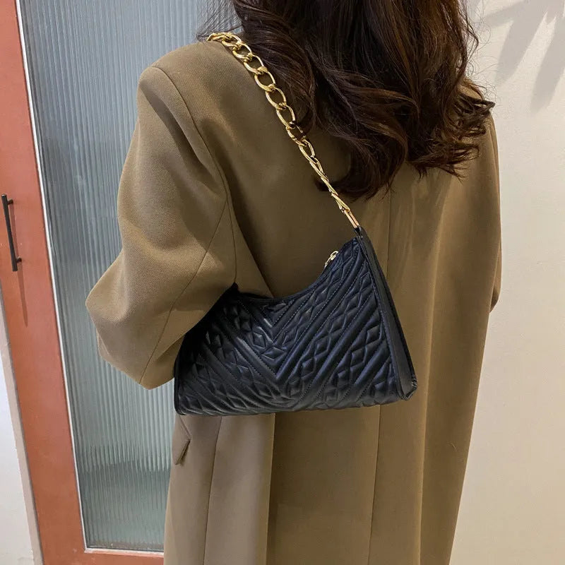 PU leather pleated chain baguette bag in vertical square shape with shoulder strap and carry handle