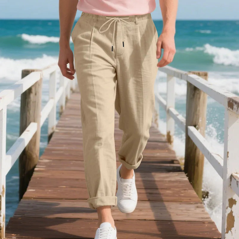 Men's linen trousers with drawstring waist in straight leg design showing army green colour option