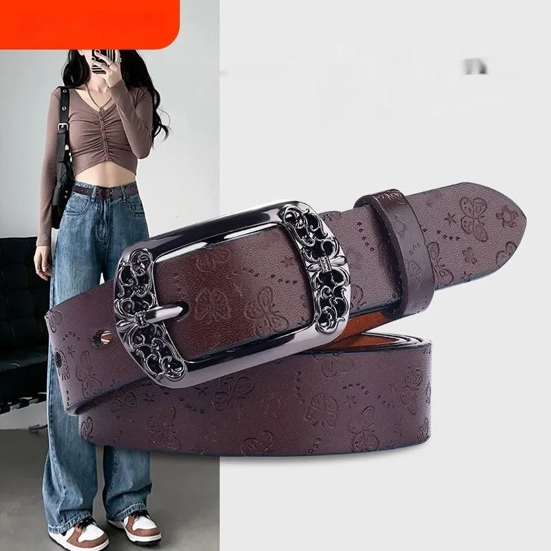 New fashion versatile women's decorative jeans belt with alloy buckle in black, thin PU leather