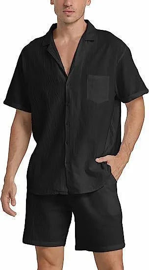 Men's flax summer sports shorts suit with short-sleeved top and matching athletic shorts