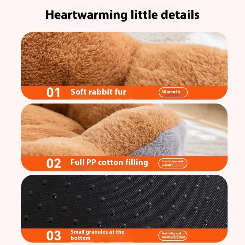 Round rabbit plush cat bed with raised edges in brown gray colour, shown with detachable cover