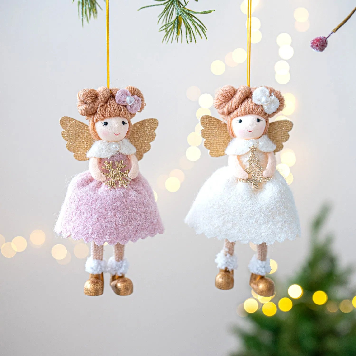 Pink and white cloth angel wings plush pendant Christmas ornament