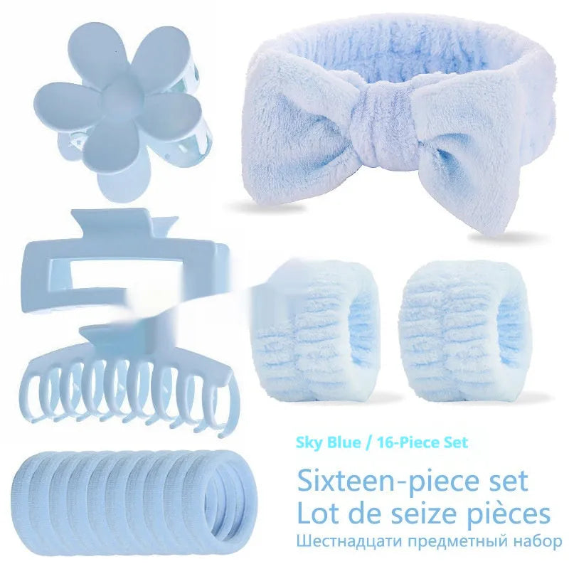 Bow-shaped washing face hair band with plaid pattern and wrist strap, assorted colours set of 16