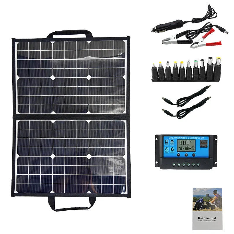 Black folding bag portable solar charger with 40W single crystal panel, shown folded to 425x285x8mm size.