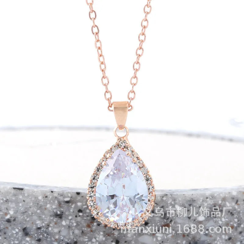 Rose gold drop necklace with rhinestone pendant in pink colour, geometric Japanese Korean style women's jewellery