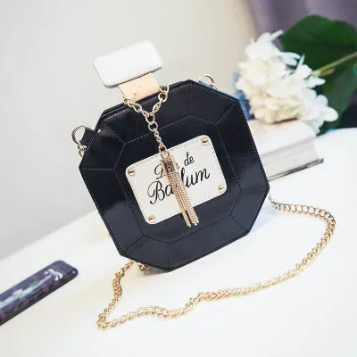 Mini chain crossbody bag women's round PU medium shoulder bag with printed letters and zipper closure in black