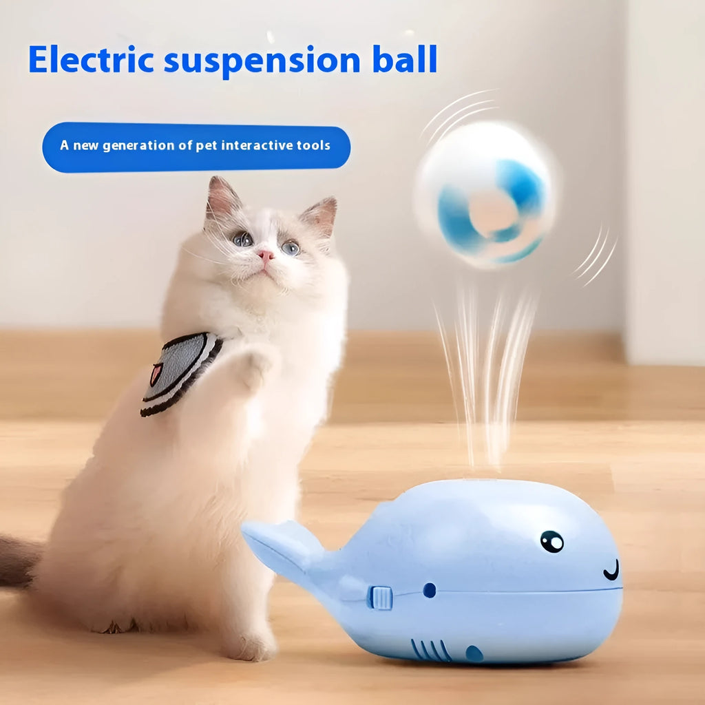 Home fashion suspension cat toy with plastic body and blue balls, USB charging port visible