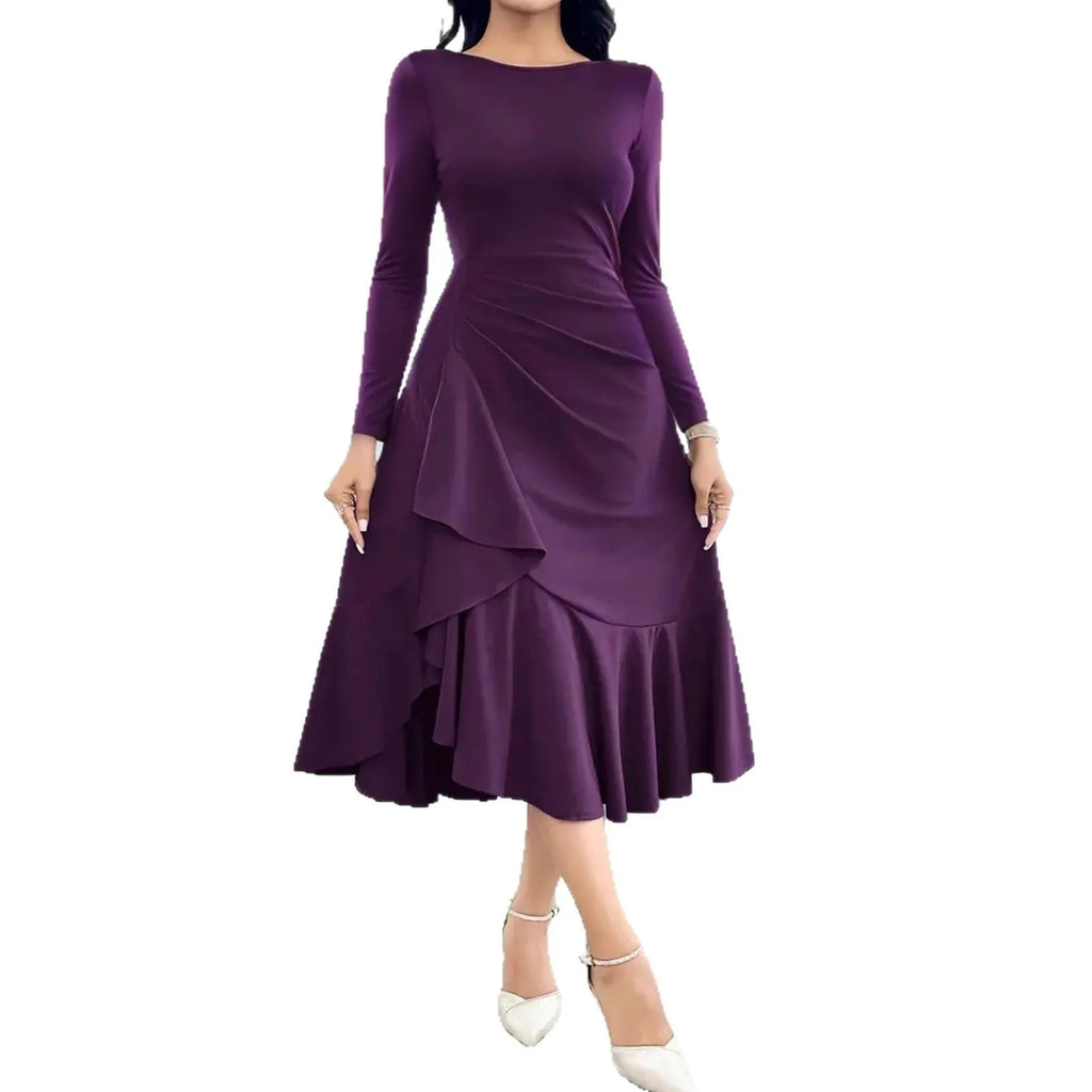 Purple women's long sleeve dress with ruffles and a round neckline