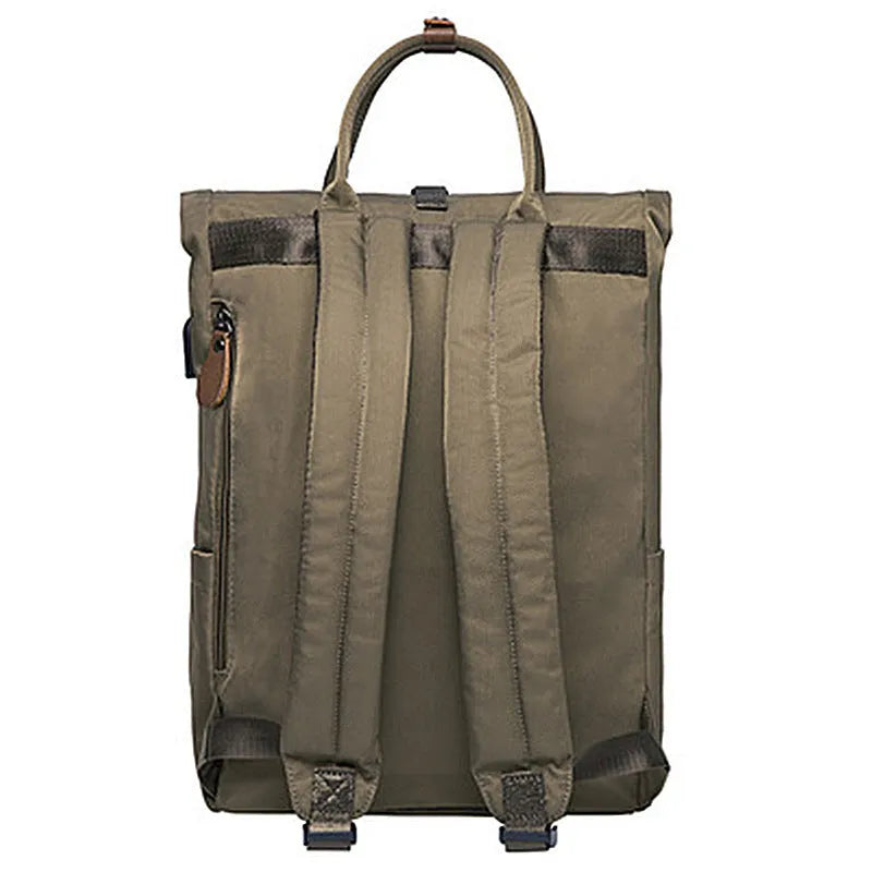 Casual polyester backpack with cover opening showing internal computer pocket and zipper organiser