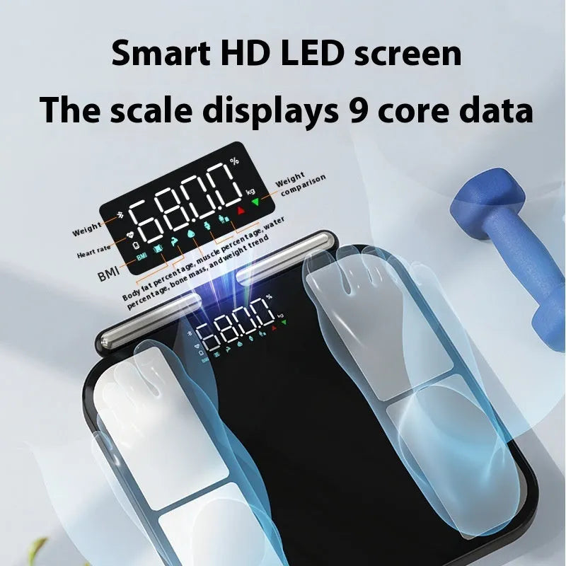Black electronic household weighing scale with tempered glass platform showing body fat percentage on colour display