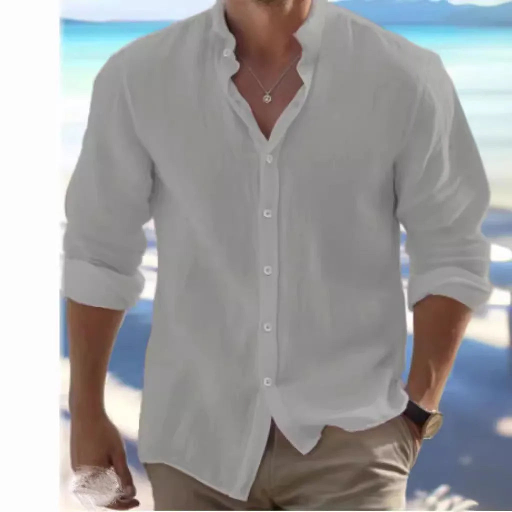 Men's light grey linen pullover shirt made from long-staple cotton for casual summer wear.