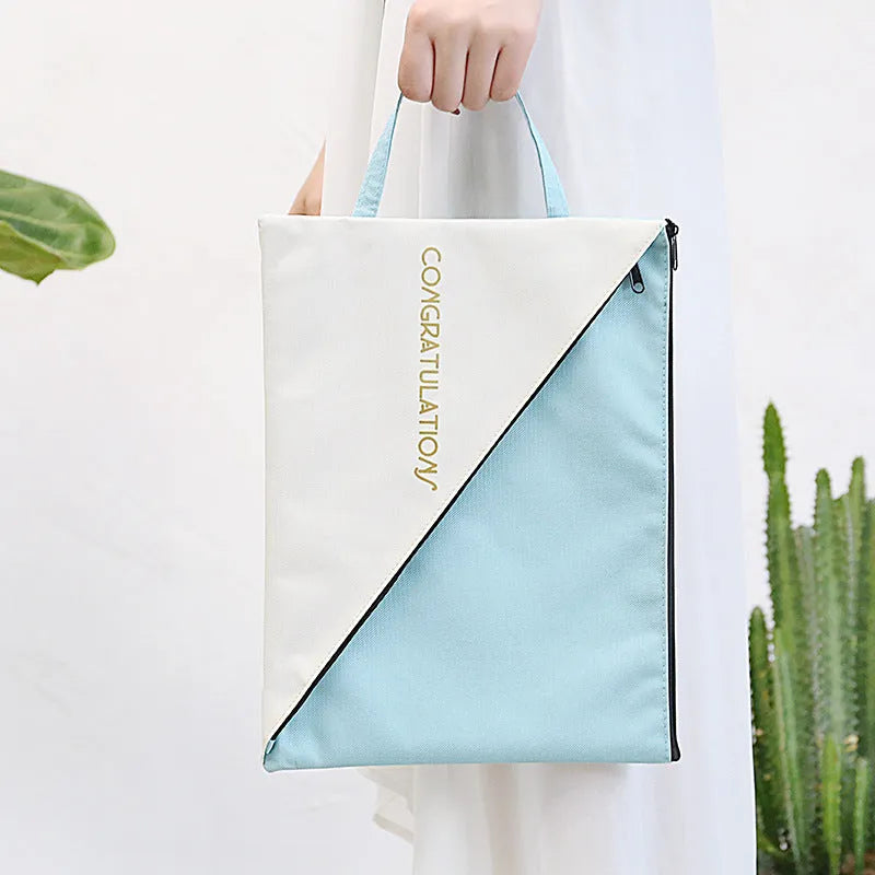 Blue Oxford cloth double-layer zipper document storage bag for A4 papers and test organisation.