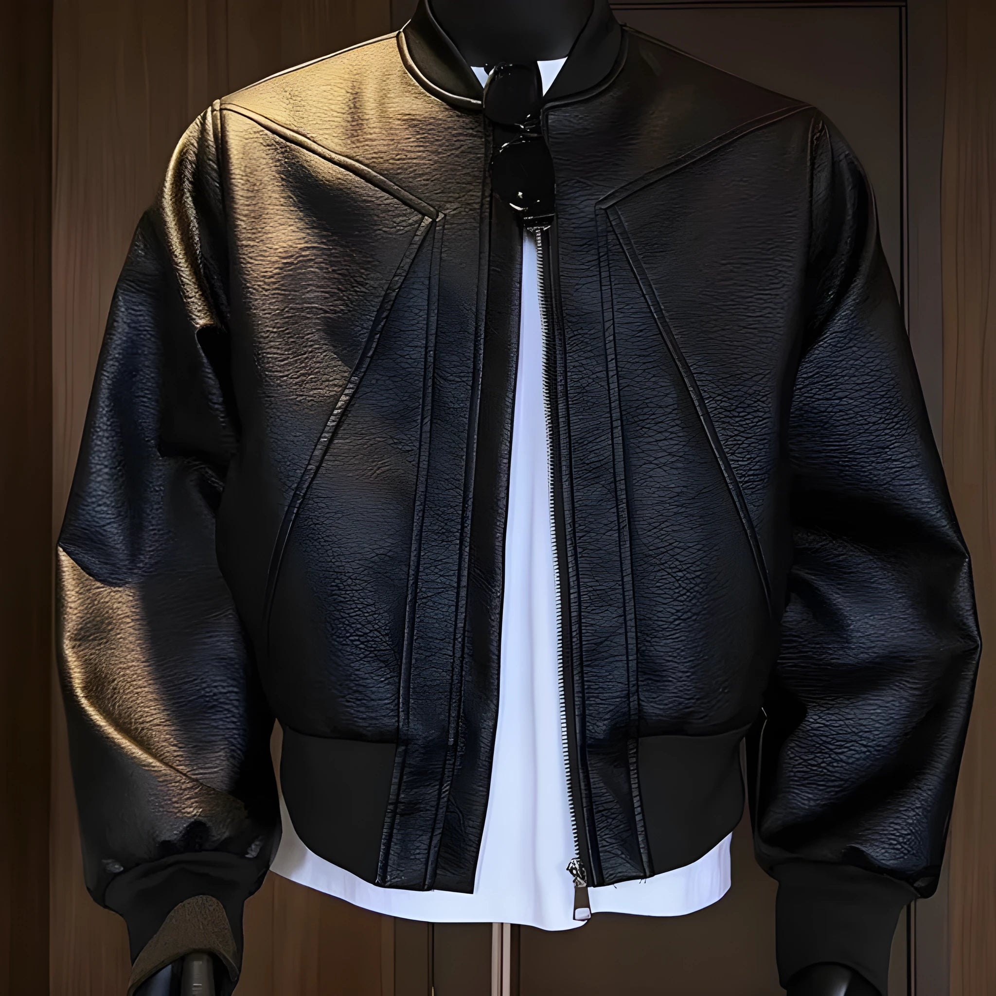 Men's black PU litchi leather jacket with extended 100cm length and tight light business fit