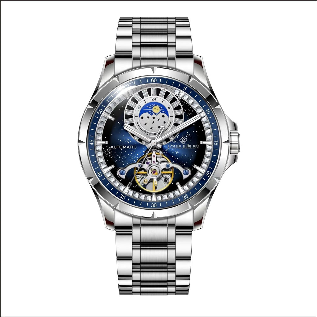 Men's silver automatic mechanical watch with blue dial and stainless steel butterfly buckle
