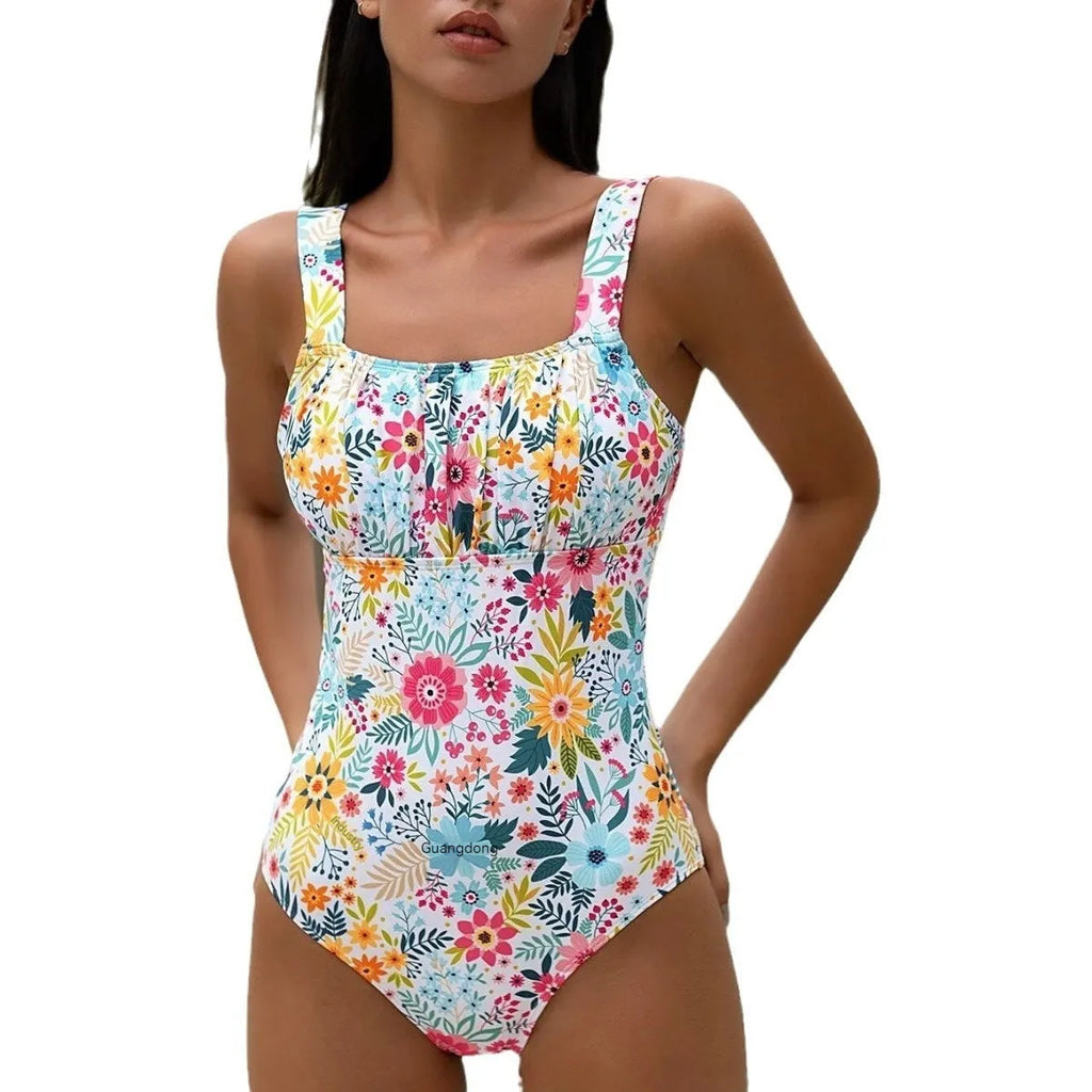 Women's floral print one-piece swimsuit with full-bed design and polyester construction