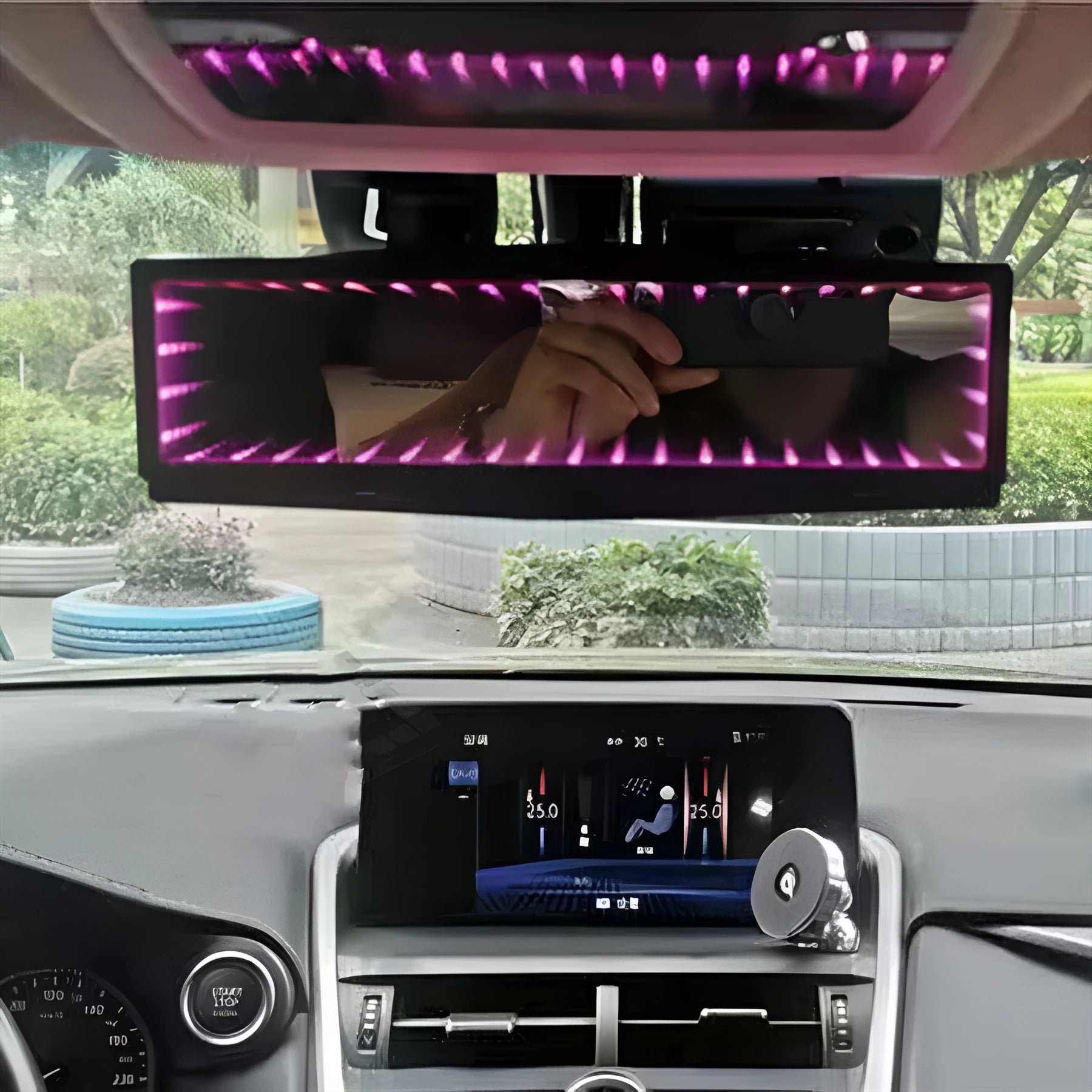 280mm wide car flat rearview mirror in blue plastic with integrated 3D lighting strips, shown mounted in a vehicle.