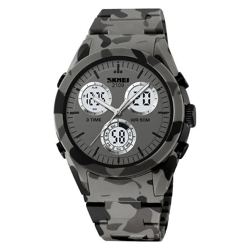 Electronic digital watch with a camouflage TPU strap and resin mirror, showing time on display.