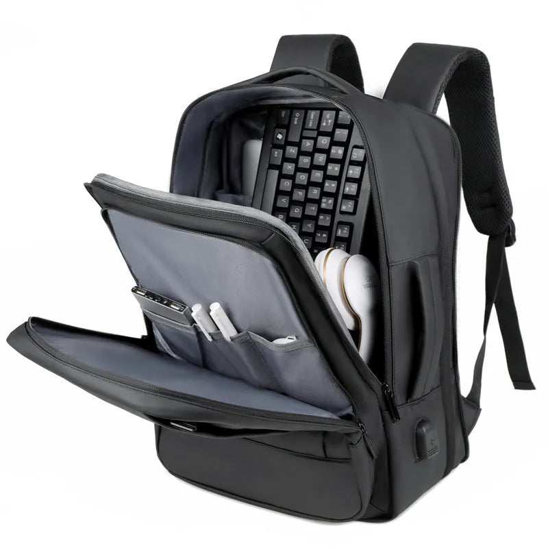 Men's black waterproof Oxford cloth backpack with curved shoulder straps showing business design