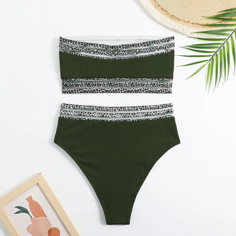 Black strapless bikini set with leopard print detail on briefs