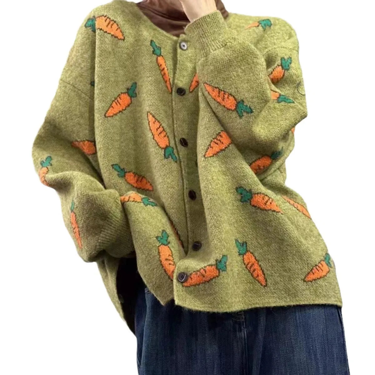 Loose casual cardigan with Mori artistic colour contrast printing, round neck design