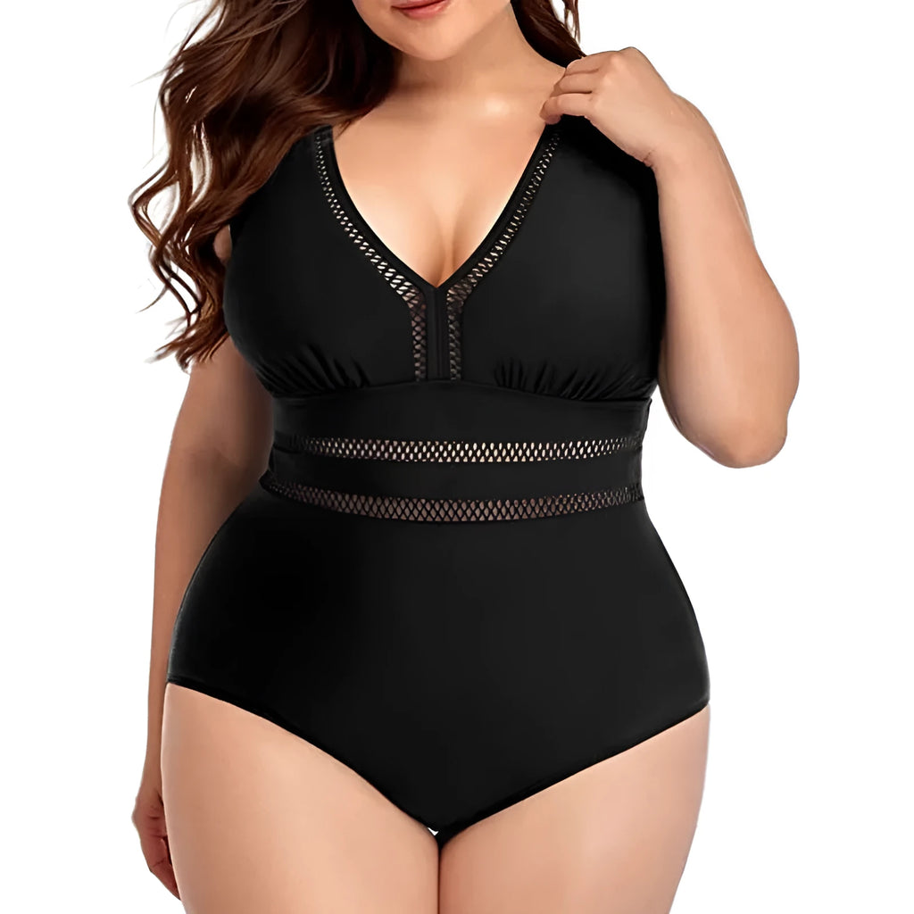 Women's plus size black print bikini swimsuit made from polyester mesh fabric.