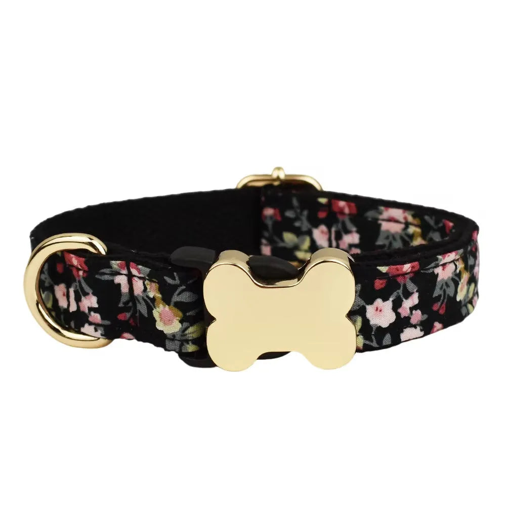 Flat nylon dog collar with printed grid pattern and bone buckle in assorted colours