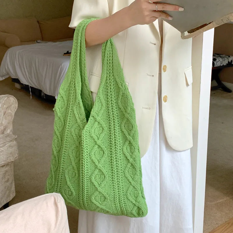 Retro style crochet wool yarn shoulder tote bag with double straps in various solid colours